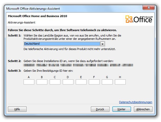 microsoft office confirmation code 2010